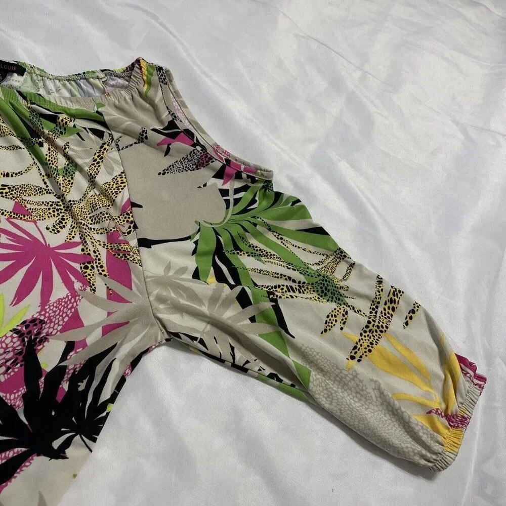 Robert Louis Women's Cold Shoulder Blouse Top Size Small Beige Tropical Print - Picture 7 of 11